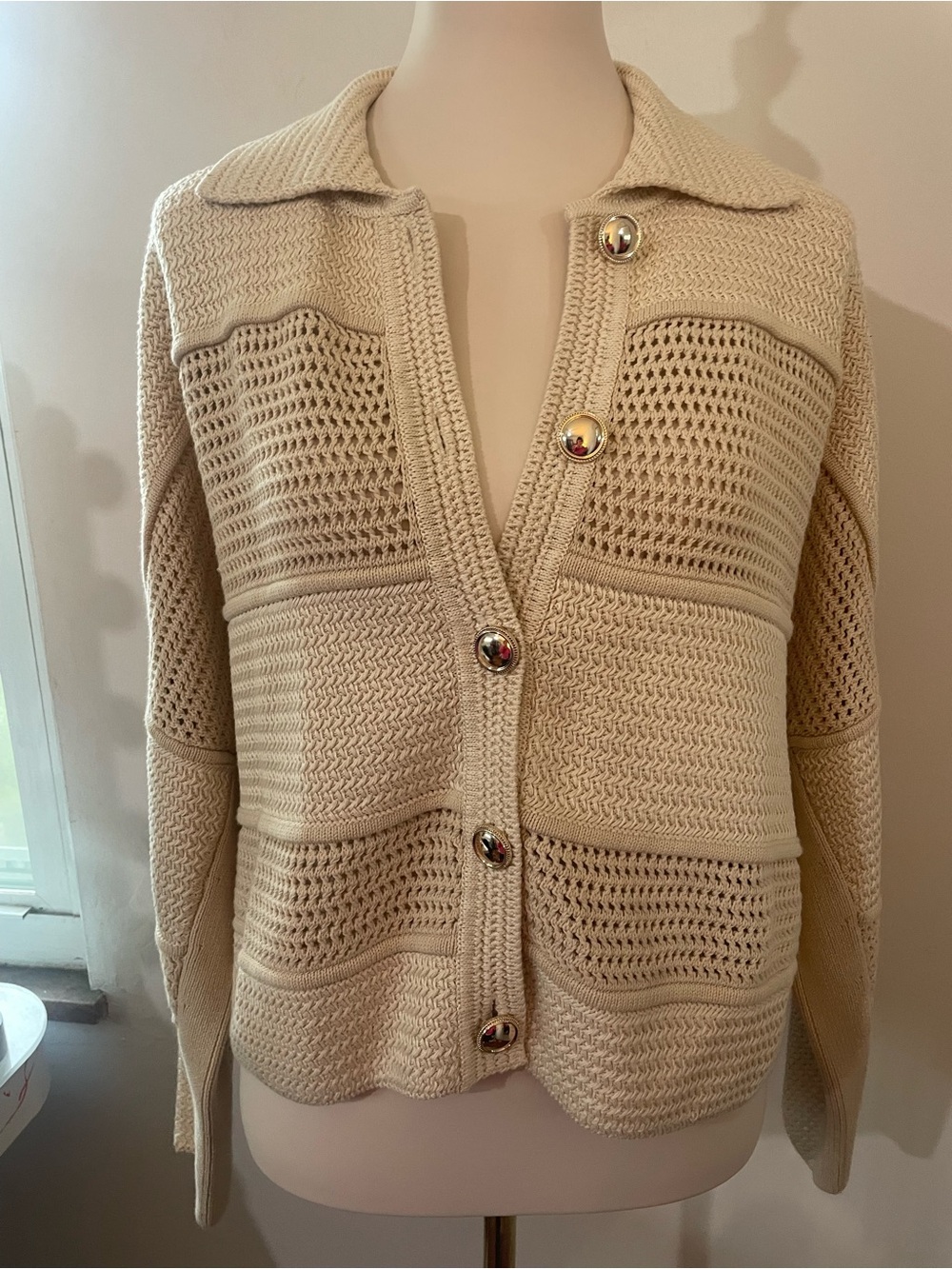 ba&sh Cream Val Thick Open-Knit Button-Front Cardigan - Picture 12 of 16